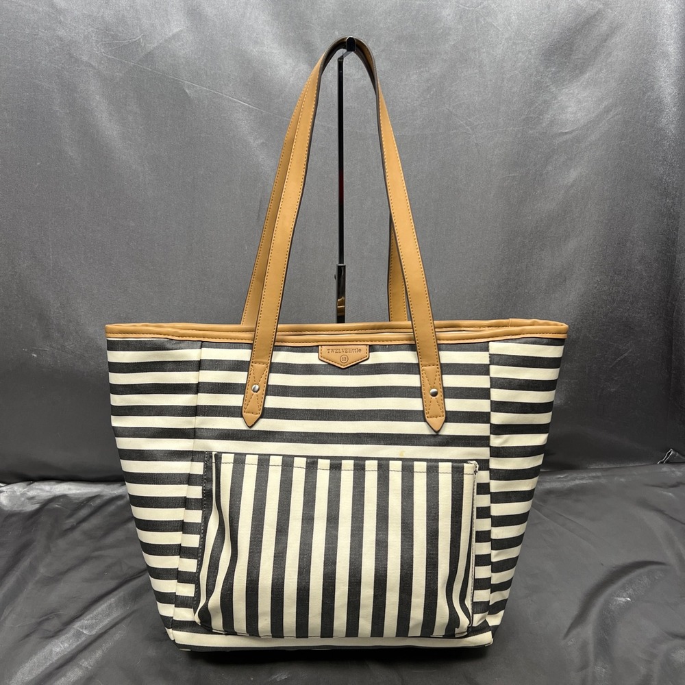 TWELVElittle Stripe Diaper Bag Tote Black White Tan Coated Canvas Large Carryall